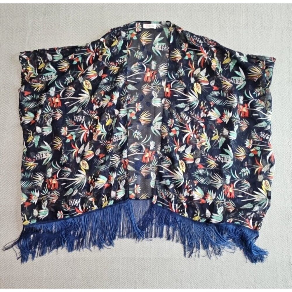 Soul Young Navy Blue Floral Fringed Shawl Cover Up Duster Bohemian Rocker EUC‎